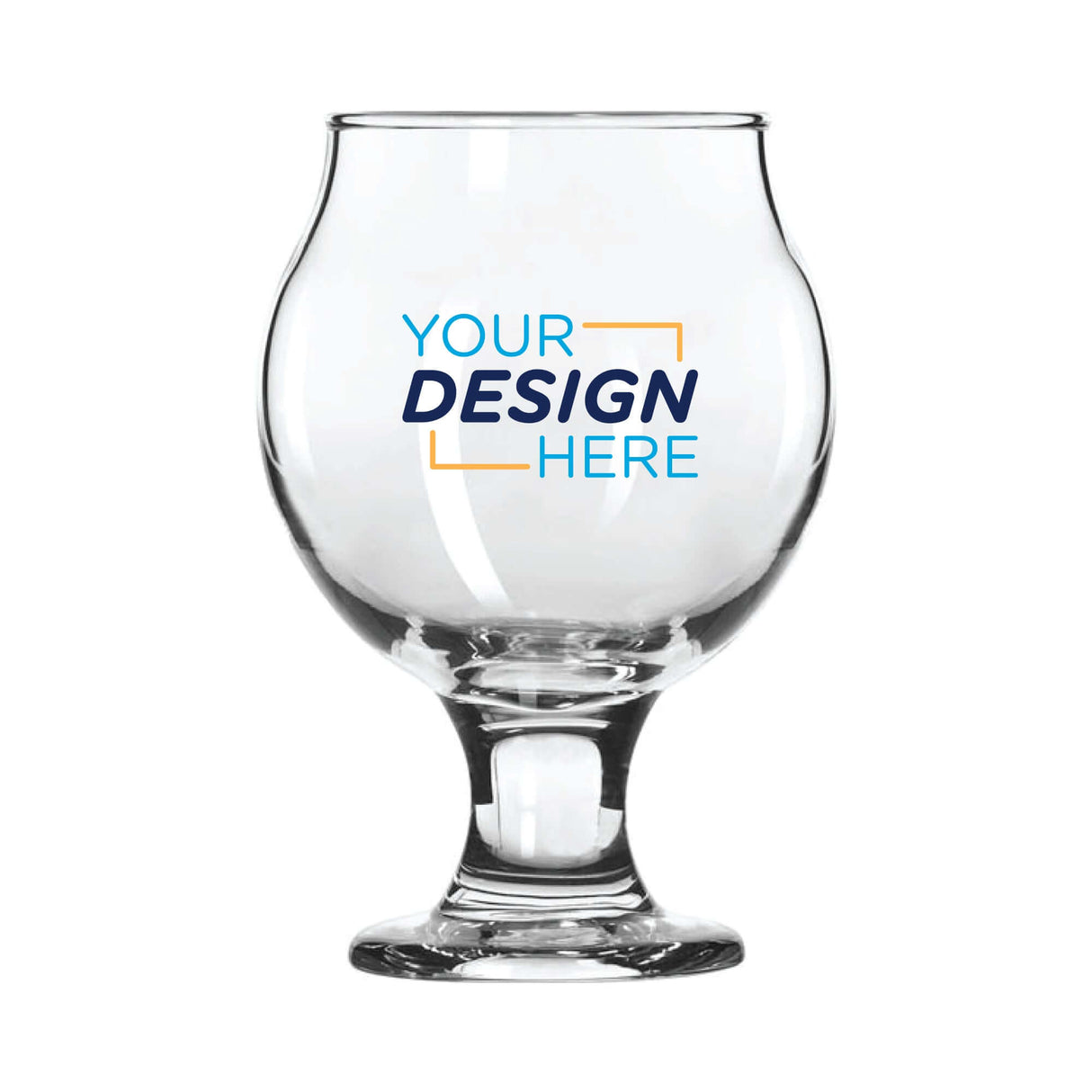 Clear 5 oz Belgian‑style tulip taster glass with short stem and flared rim, featuring full‑color "Your Design Here" logo printed on bowl