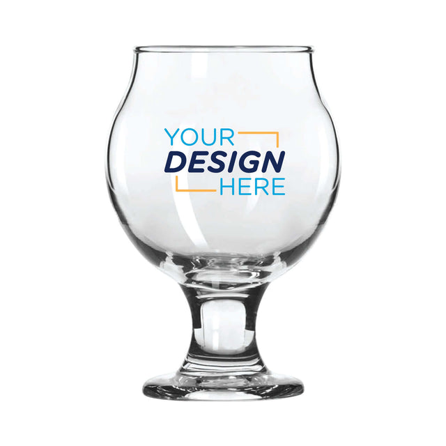 Clear 5 oz Belgian‑style tulip taster glass with short stem and flared rim, featuring full‑color "Your Design Here" logo printed on bowl