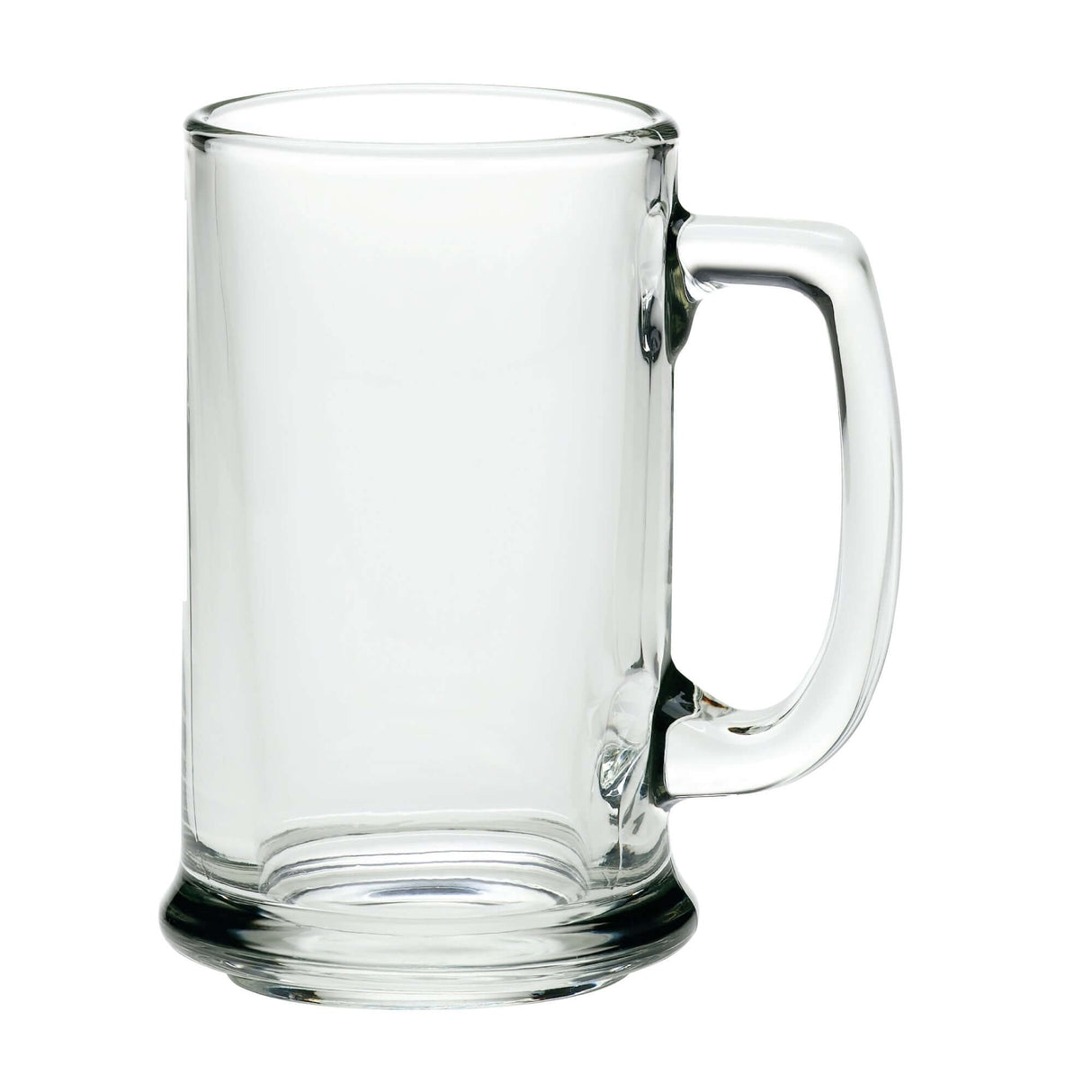 Custom 15 oz Libbey handled glass mug with a classic design, perfect for hot or cold beverages.