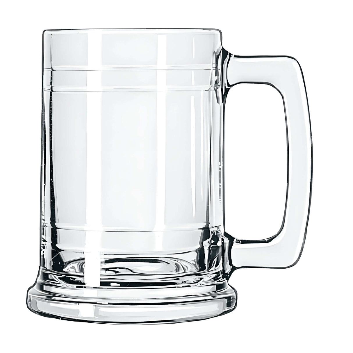 Empty clear 15 oz Maritime glass mug angled to show barrel‑shaped profile, thick handle, and solid weighted base
