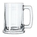 Empty clear 15 oz Maritime glass mug angled to show barrel‑shaped profile, thick handle, and solid weighted base