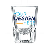 Custom 2 oz Libbey fluted shot glass with personalized design placeholder for branding and events.
