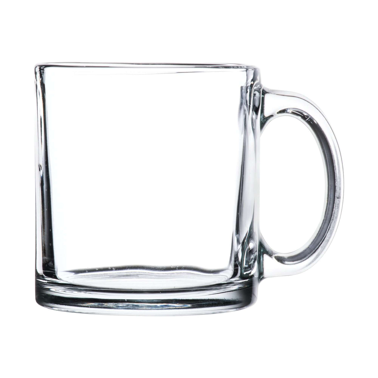 Clear glass mug with a sturdy handle, ideal for hot beverages like coffee and tea.