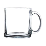 Clear glass mug with a sturdy handle, ideal for hot beverages like coffee and tea.