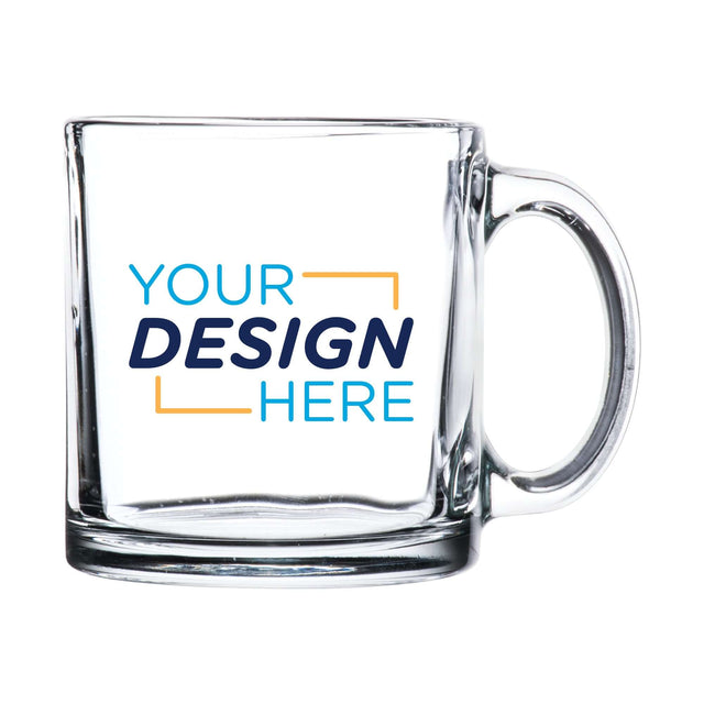 Custom 13 oz Libbey glass mug featuring customizable design space for logos or artwork.