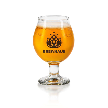 Custom 13 oz Libbey Belgian Tulip Beer Glass showcasing golden beer with Brewhaus logo